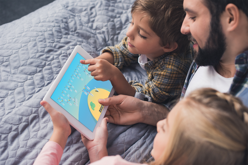 Family exploring Clanview on Ipad.